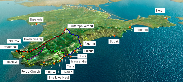 Routes map of the Crimea